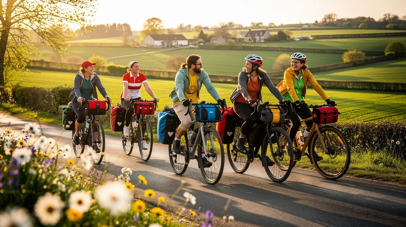 Groupe de cyclistes sur vélos de randonnée avançant paisiblement sur une véloroute bordée d'arbres au printemps