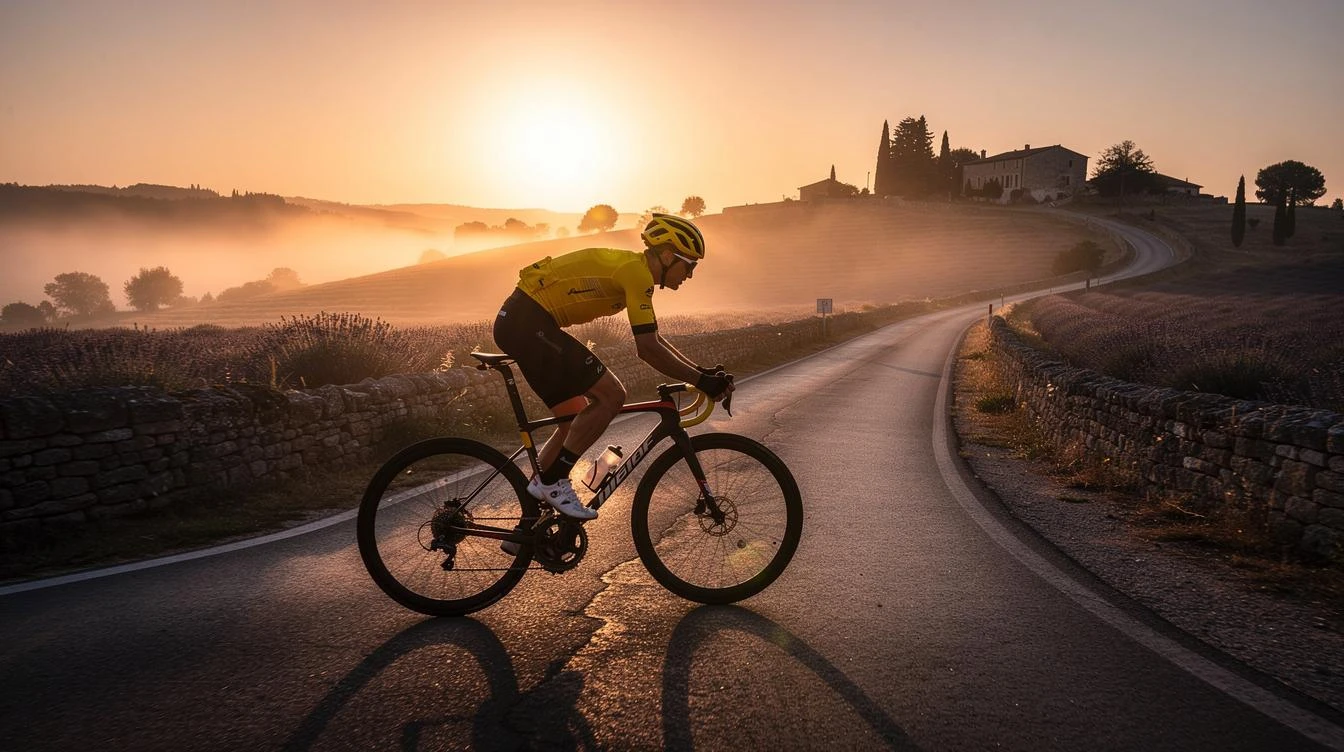 Cyclotouriste expérimenté sur vélo de route prêt à partir au lever du soleil, routes calmes et brume matinale pour une sortie de 100 km