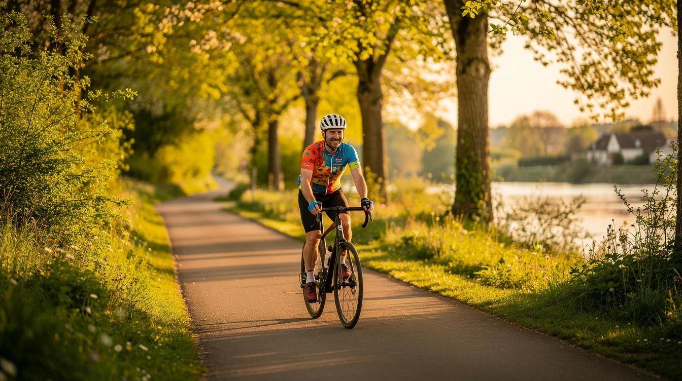 Cyclotouriste sur vélo touring roulant sur une voie verte plate en mai 2026, avec paysage verdoyant et soleil doux