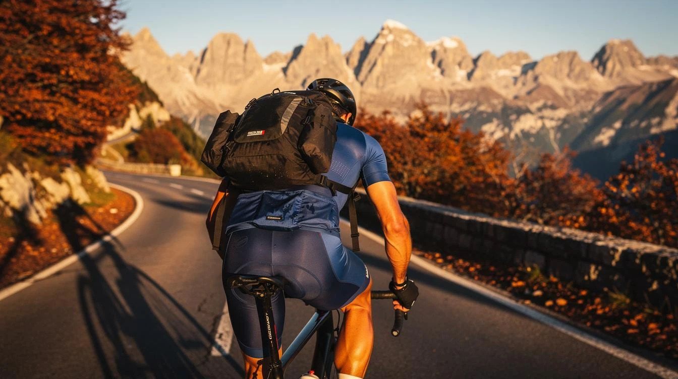 Cyclotouriste sur vélo de route équipé de sacoches bikepacking gravissant un col de montagne sous un ciel clair printanier