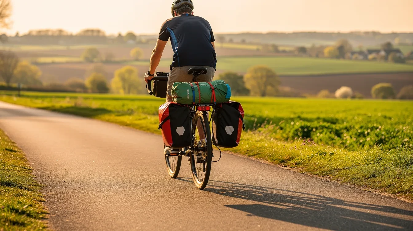 Cycliste avec deux sacoches arrière sur vélo de randonnée longeant une voie verte bordée d'arbres