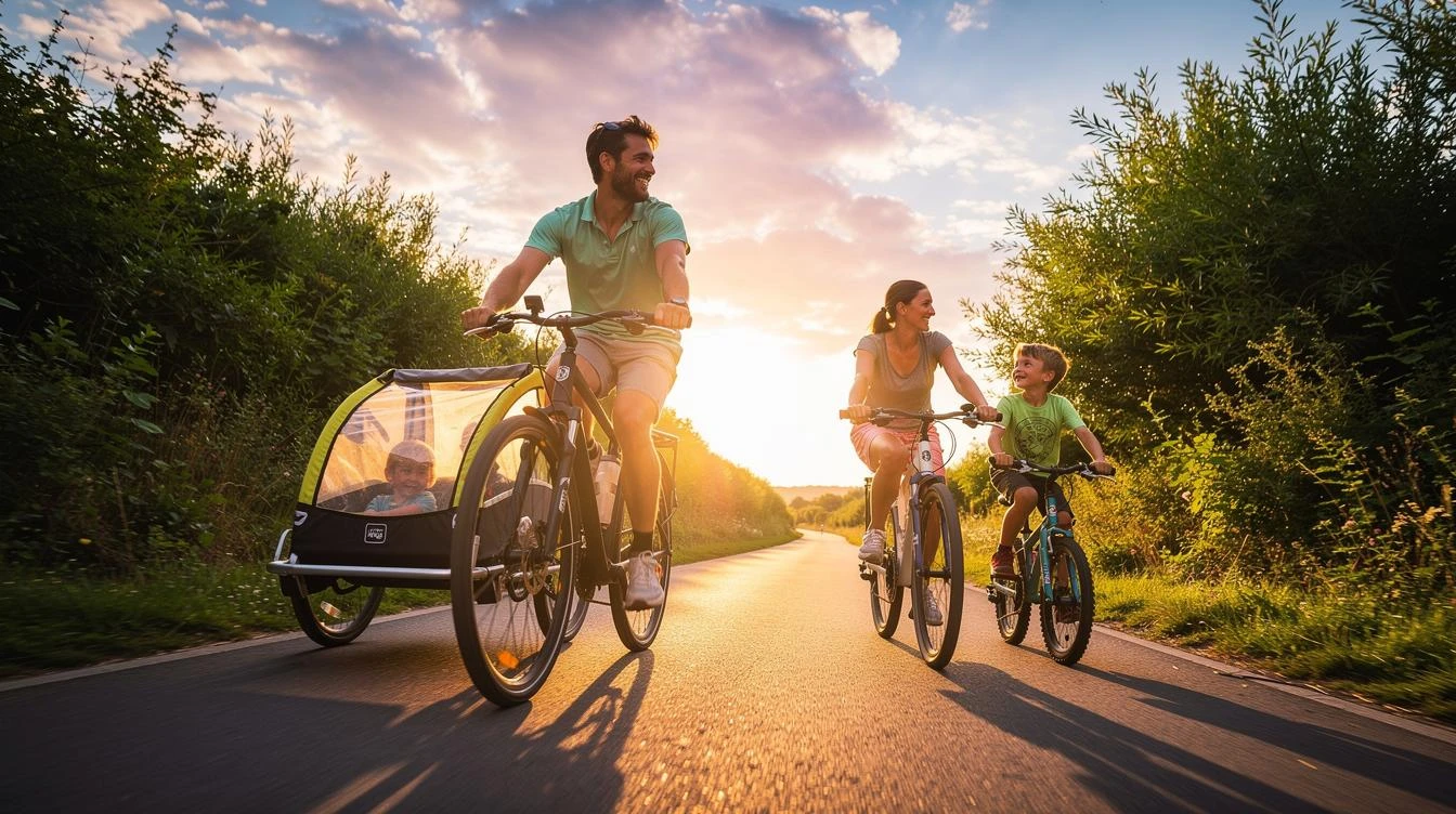 Famille avec enfants sur vélos de route pédalant sur une véloroute balisée le long de la Loire, châteaux en arrière-plan sous ciel ensoleillé