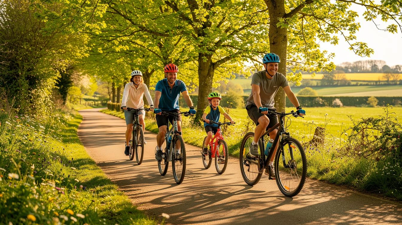 Famille à vélo sur la Voie Verte de l'Epte, paysage verdoyant avec rivière et viaducs anciens, enfants souriants en sécurité sur bitume plat