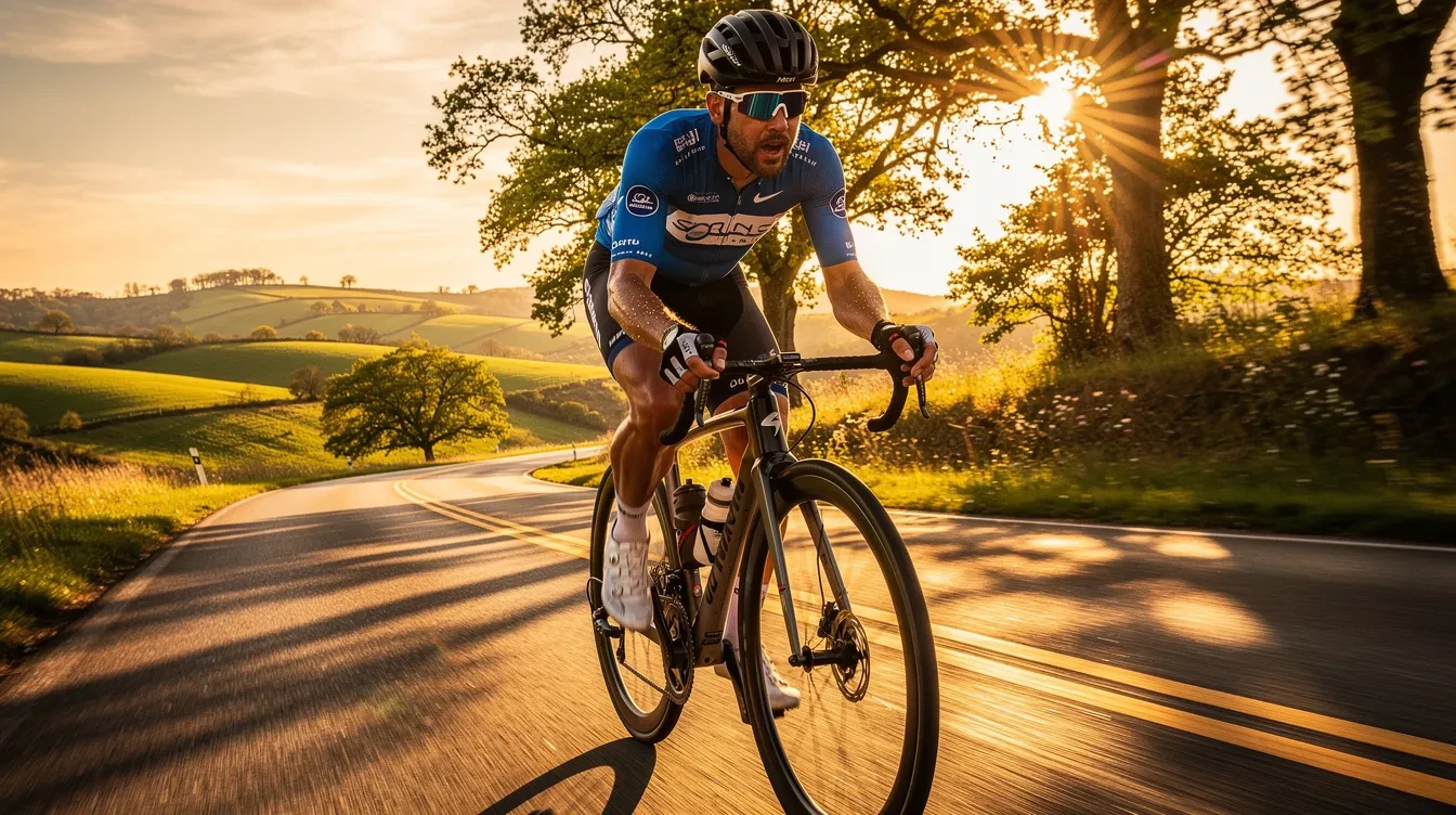 Cycliste sur vélo de route s'arrêtant pour une pause déjeuner sur une voie verte plate et verdoyante