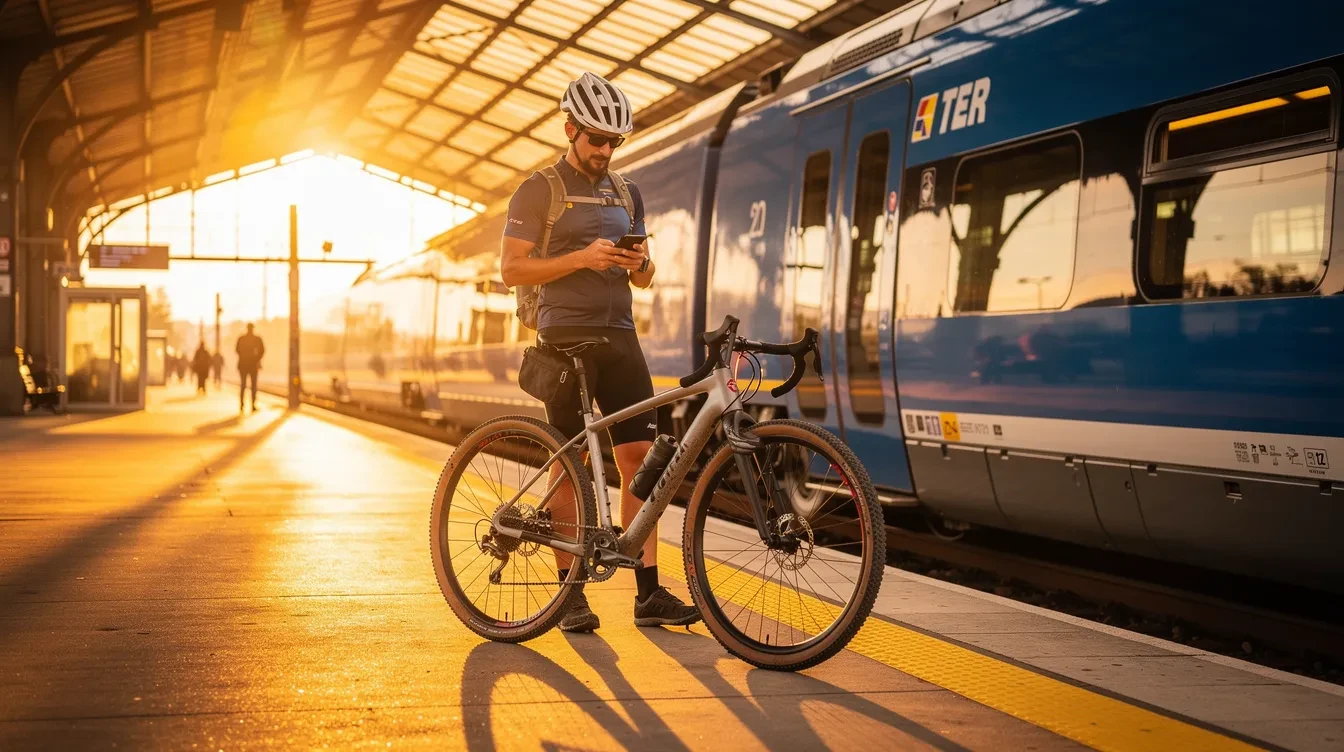 Cycliste chargeant son vélo gravel dans un train TER direction les dunes du cap Blanc-Nez