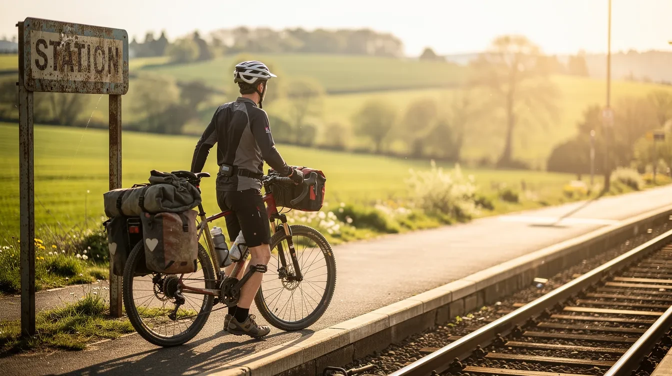 Cycliste avec vélo de route sortant d'une petite gare SNCF pour rejoindre directement une véloroute