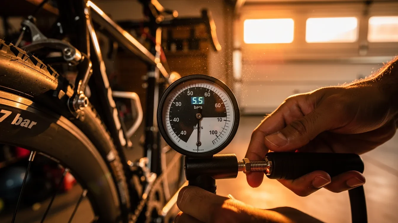 Cycliste sur vélo de route ajustant la pression de ses pneus 25 mm avec manomètre