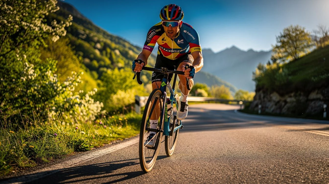 Cycliste sur vélo de route pédalant sur une route française en mai, avec lumière douce et paysages verdoyants