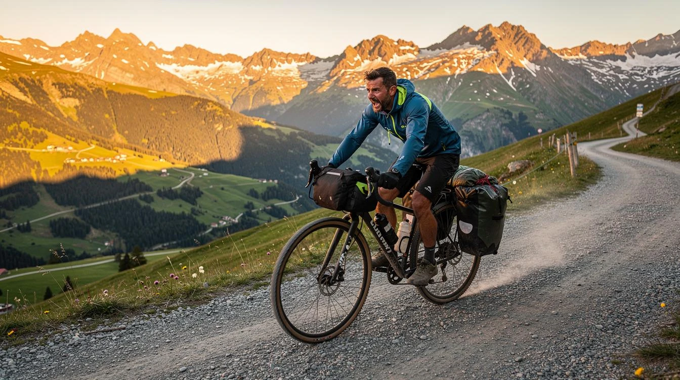 Cycliste sur vélo gravel en sortie bikepacking, sacoches asymétriques causant une inclinaison latérale du tronc et compression cervicale