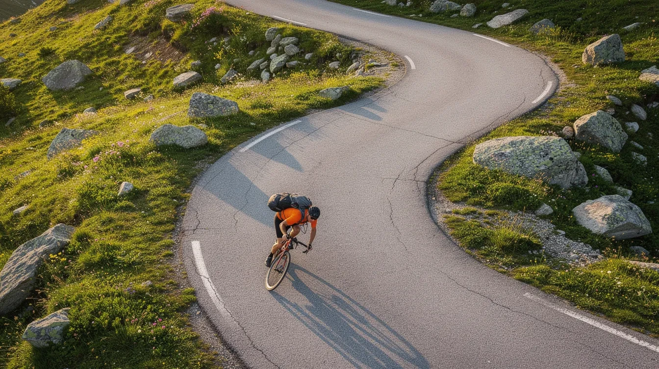 Cycliste installant des sacoches arrière et de cadre sur un vélo de route pour répartir le poids sans sac à dos