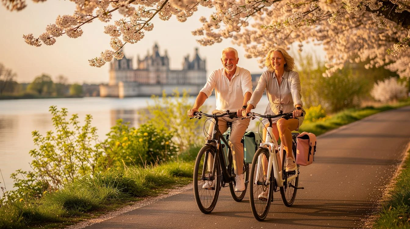 Cycliste senior pédalant sur un vélo à assistance électrique sur la piste cyclable plate de la Loire à Vélo, avec vue sur le fleuve et forêts au printemps