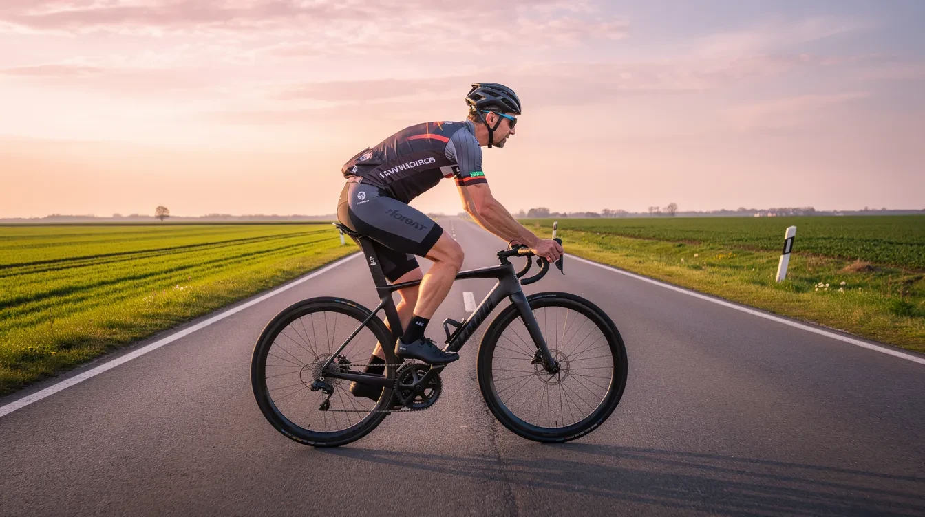 Cycliste sur velo de route en tenue d'ete roulant a allure moderee sur route plate pendant plusieurs heures