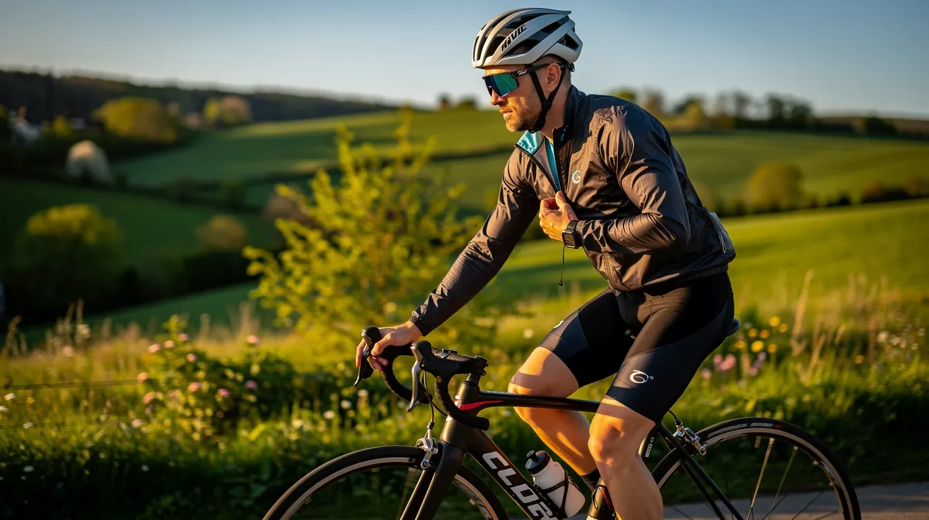 Cycliste en tenue mi-saison vérifiant son équipement sur une sortie de 80 km par temps doux