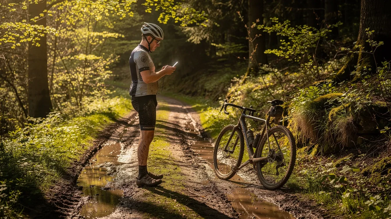 Cycliste sur gravel bloqué devant un chemin forestier défoncé après une trace GPS erronée