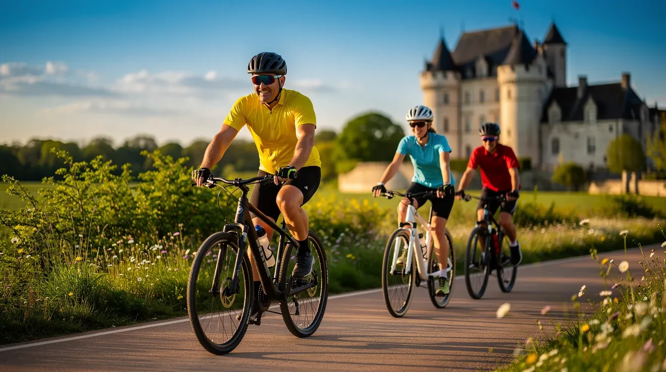 Cycliste pédalant sur un itinéraire plat le long du fleuve Loire, avec paysages verdoyants et hébergements visibles au loin