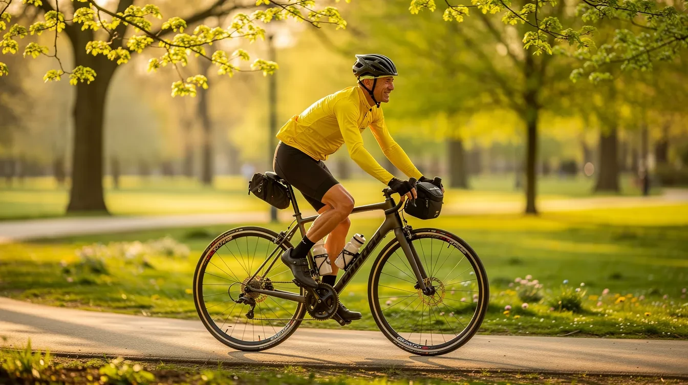 Cycliste sur vélo de route profitant d'une pause déjeuner dans un parc verdoyant au printemps