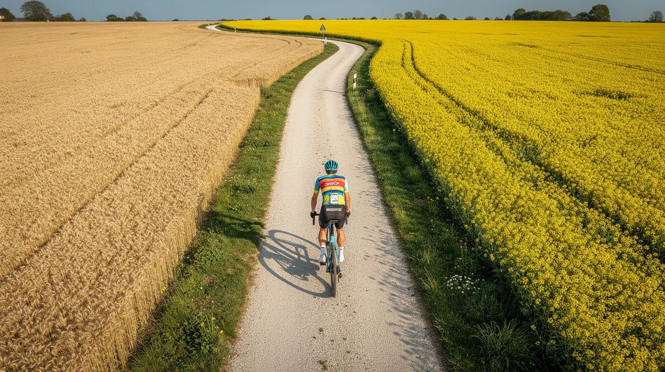 Cyclistes sur gravel longeant des champs de colza jaune et une forêt sur la Véloscénie par temps ensoleillé