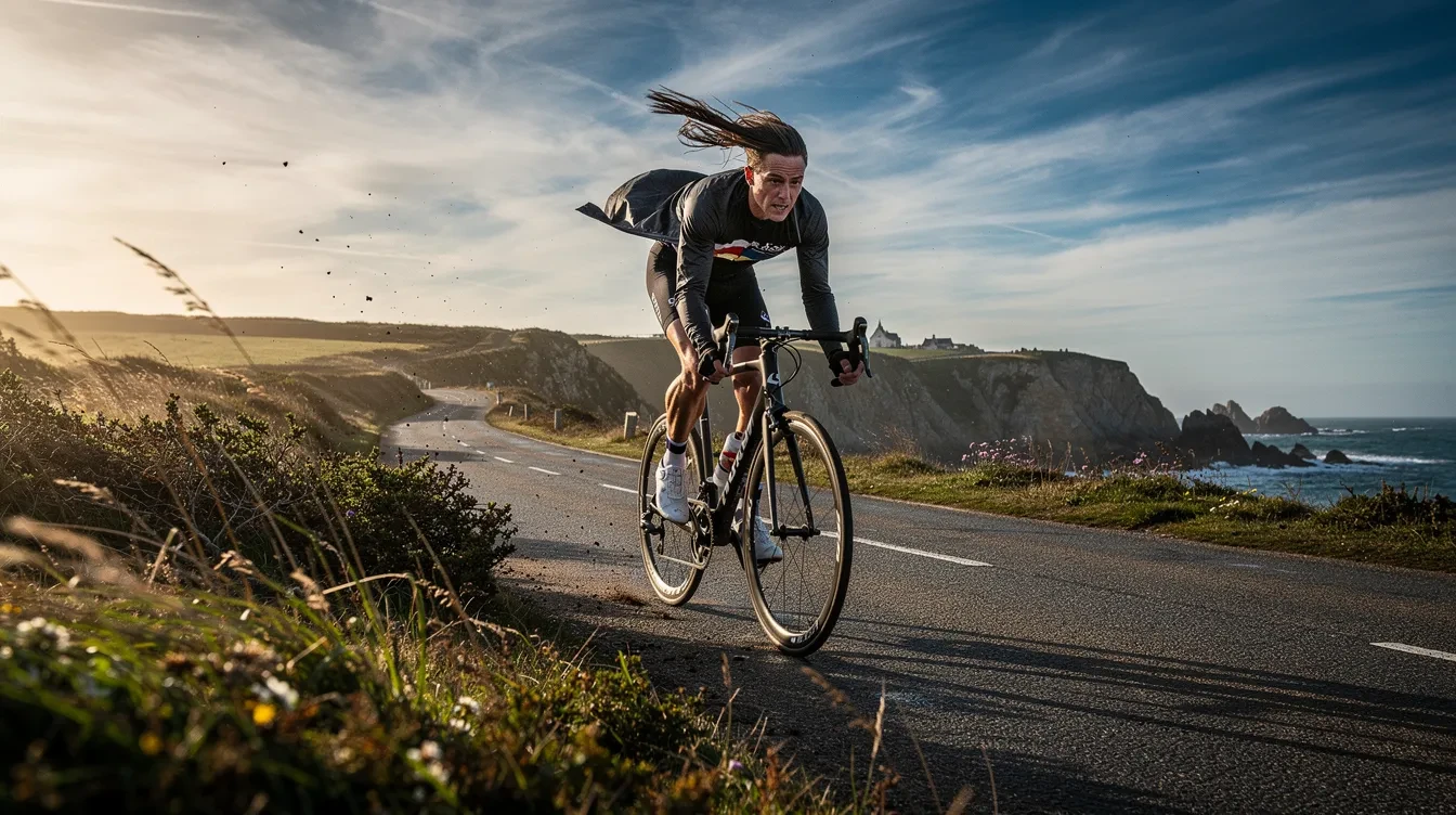 Cycliste sur velo de route carbone luttant contre un vent de face avec posture compacte et coudes rentres