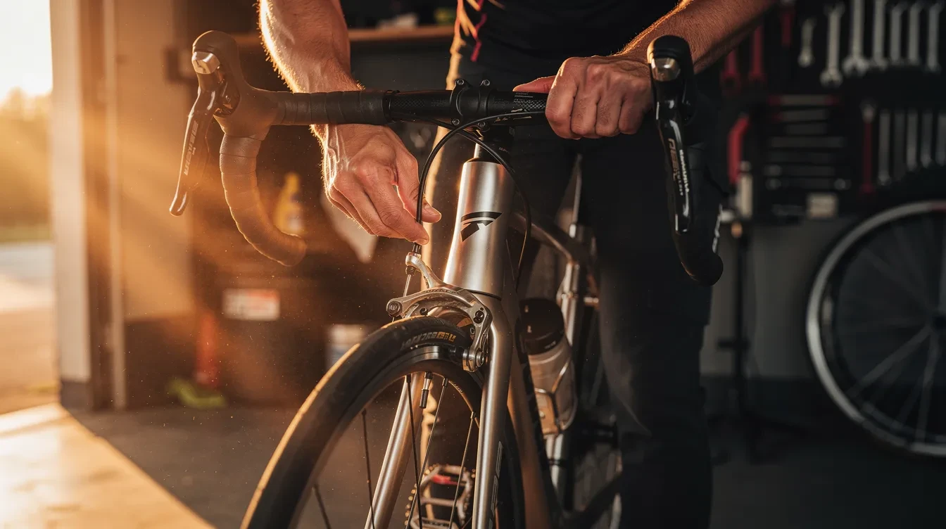 Cycliste sur vélo de route serrant le levier de frein avant pour vérifier le blocage de la roue avant un départ cyclotouriste