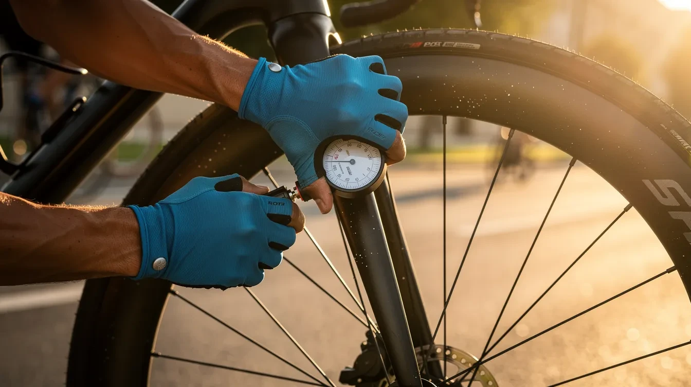 Cycliste agenouillé près de son vélo de route, utilisant une pompe pour vérifier la pression des pneus avant une randonnée printanière ensoleillée
