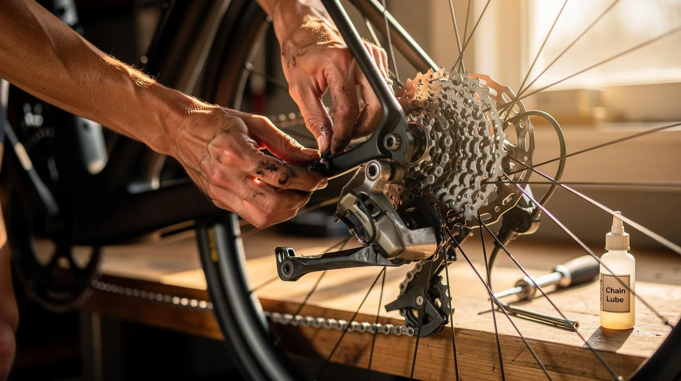 Cycliste effectuant un check-up rapide sur son vélo de route, inspectant les roues, freins et direction pour une sortie sécurisée