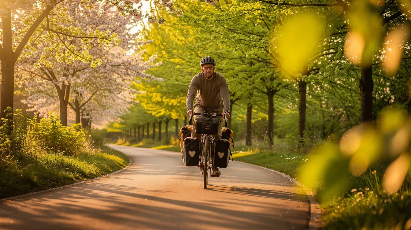 Cycliste sur vélo de randonnée avançant lentement sur une voie verte asphaltée lisse bordée de prairies et forêts au printemps