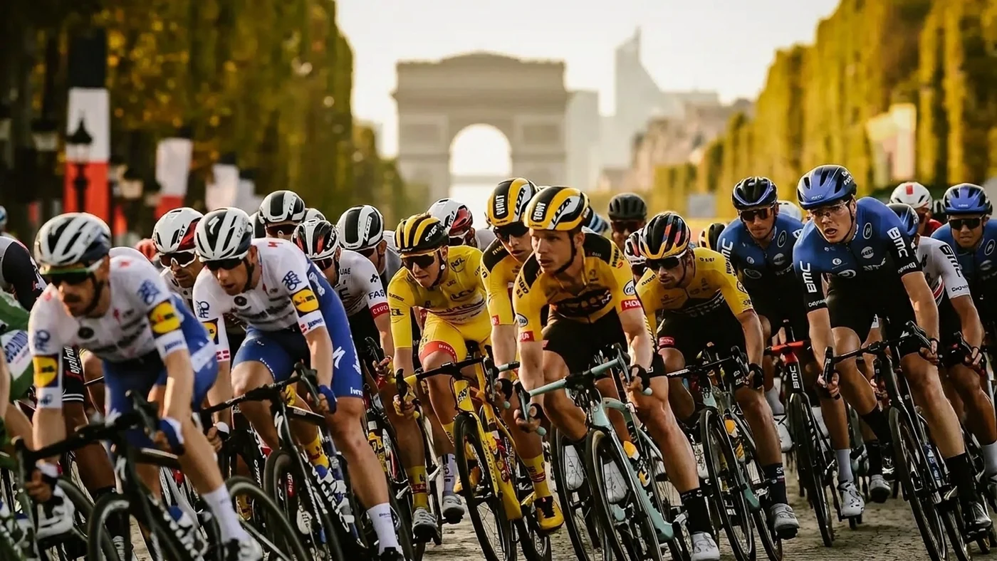 Peloton cycliste sur les Champs-Élysées lors du Tour de France