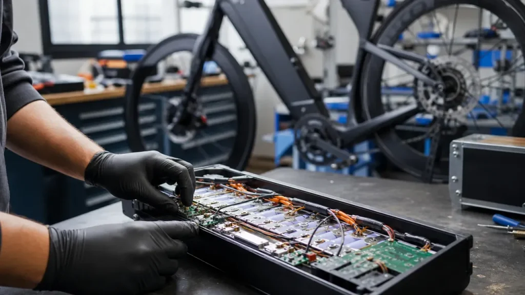 Mains gantées vérifiant la batterie d’un vélo électrique