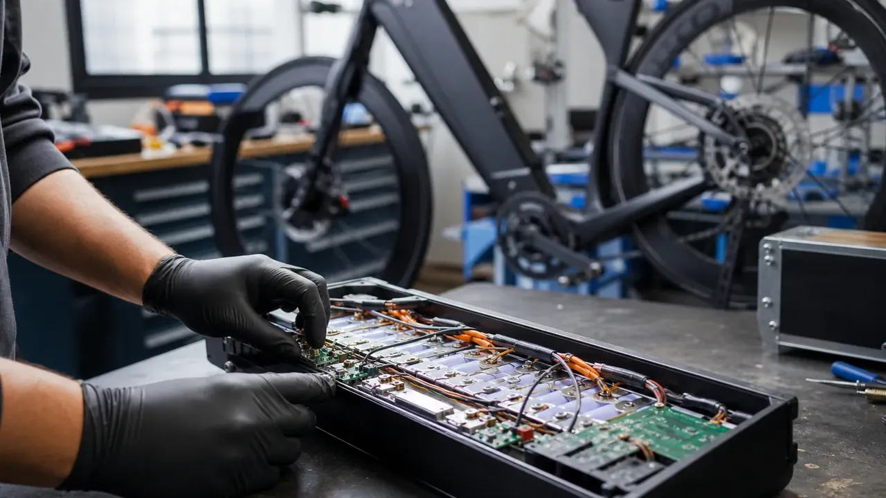 Mains gantées vérifiant la batterie d’un vélo électrique